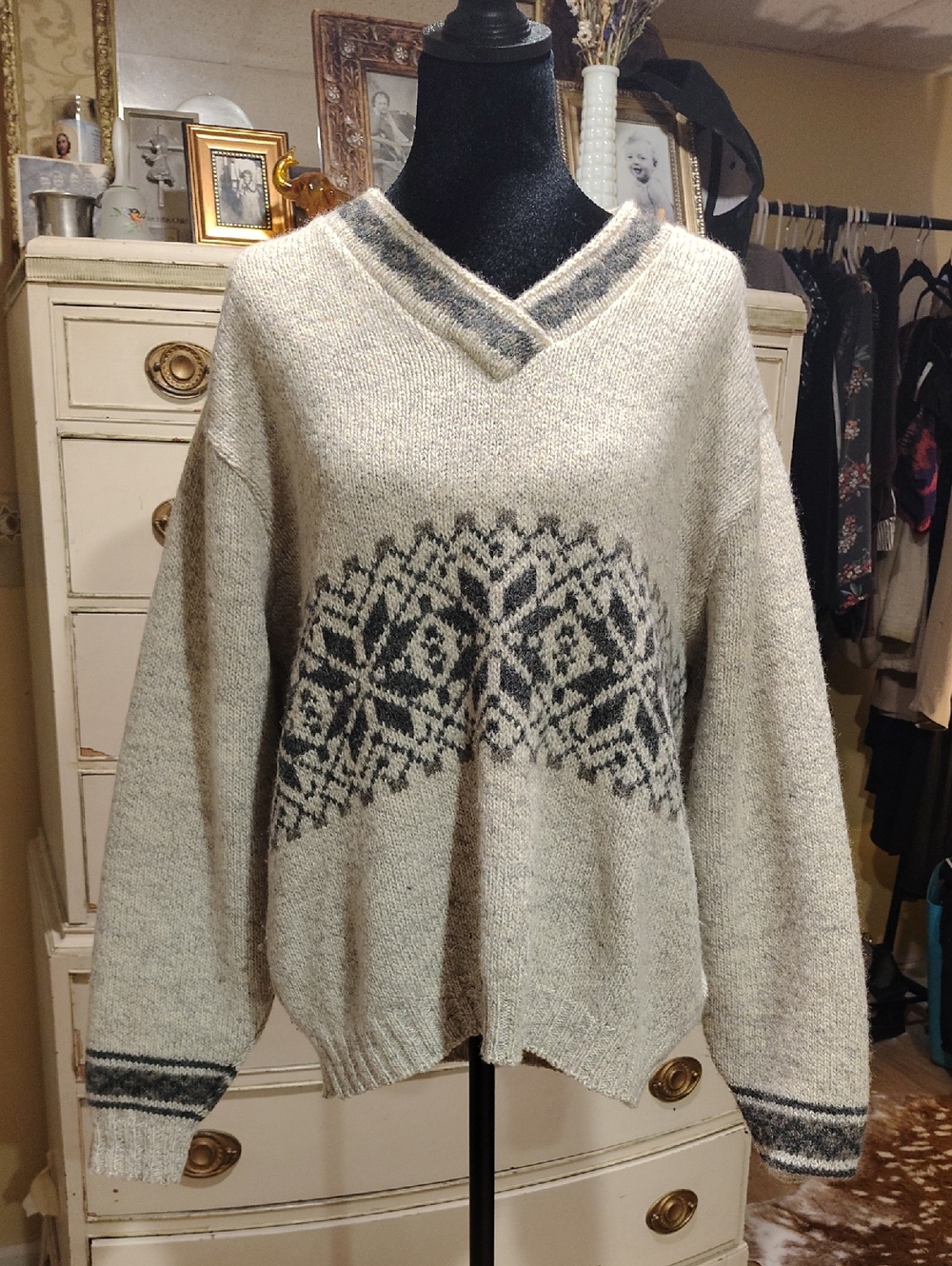 Lands' End Cream V-Neck Fair Isle Pullover